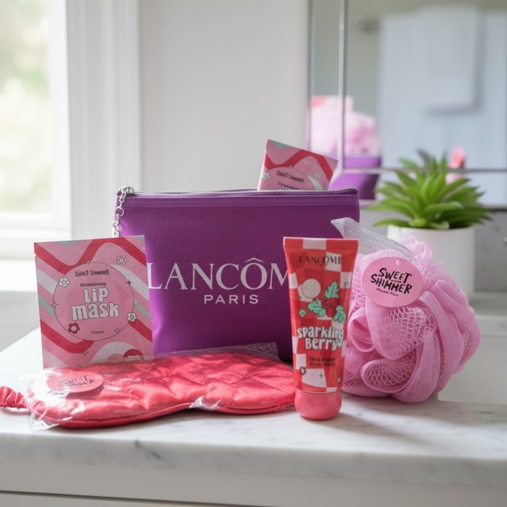 Lancôme Paris Cosmetic Bag w/ Sweet Shimmer Beauty Set & Spa Essentials